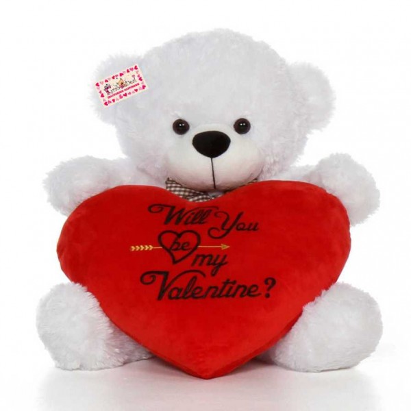 2.5 Feet White Big Bow Teddy Bear holding Will You Be My Valentine heart